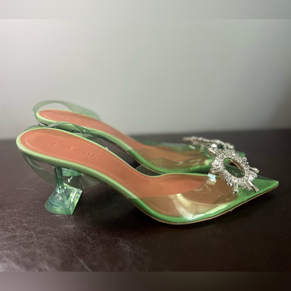 Amina Muaddi Green Heels with Crystal Embellishment